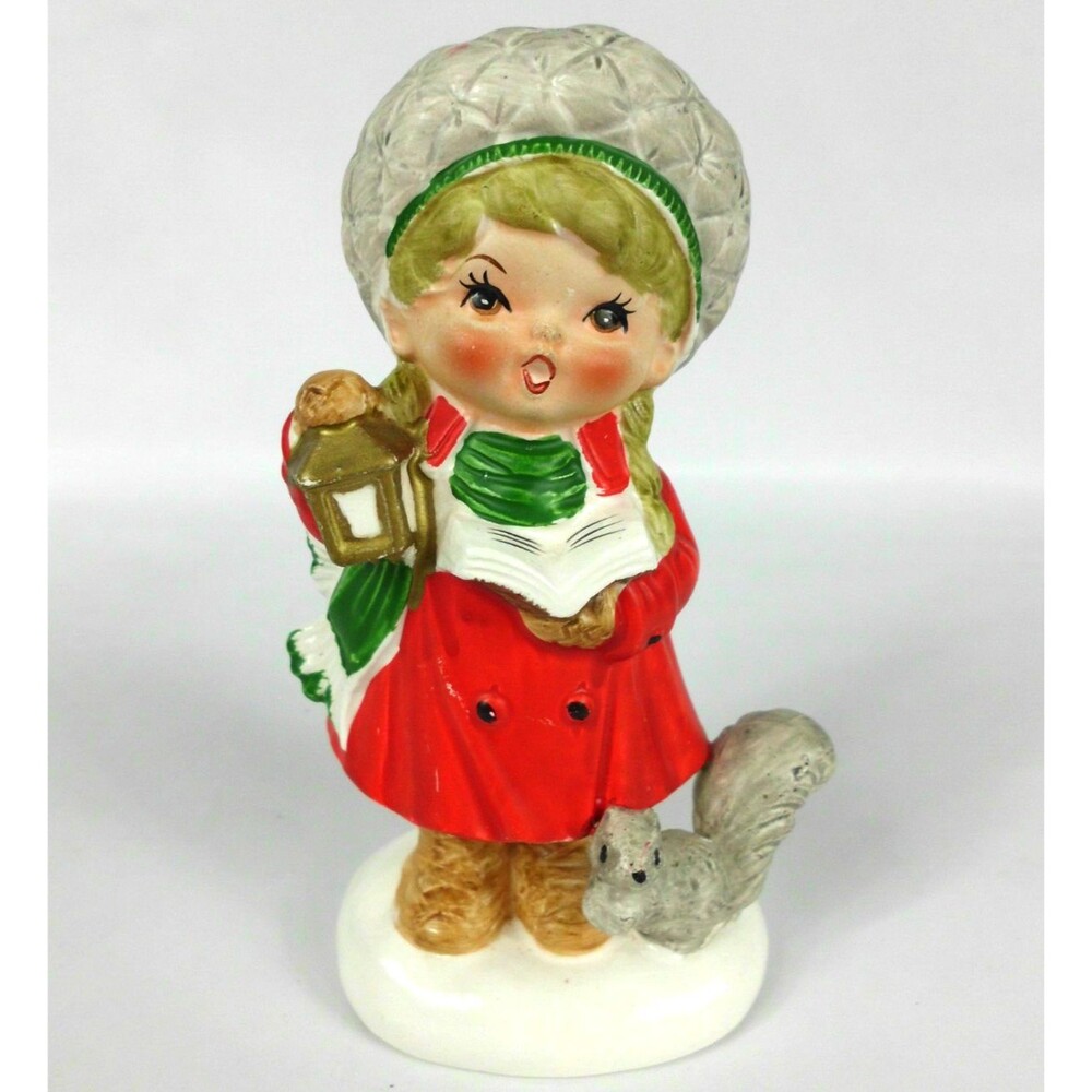 Vintage Napcoware X8994 Christmas Girl Caroler Figurine Squirrel Book Japan 5.5"